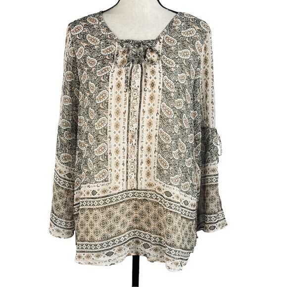 Style & Co Medium Top Geometric Lined Stretch Lace-Up V-Neck Long Sleeves Multi - Picture 1 of 10